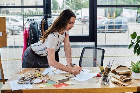 Un joven trabaja en un diseño en su taller de restauración de ropa, rodeado de herramientas y materiales para sus esfuerzos de moda sostenible.
