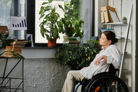 A young businesswoman in a wheelchair works in a modern office with natural light and plants.