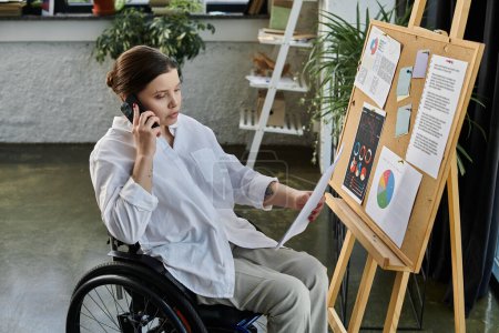 Une jeune femme d'affaires en fauteuil roulant travaille à une présentation d'entreprise dans un bureau moderne, démontrant son inclusion sur le lieu de travail.