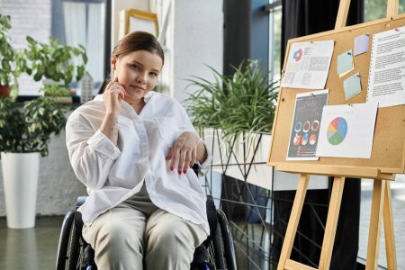 A determined young businesswoman in a wheelchair works at her desk in a modern office, highlighting workplace inclusivity.