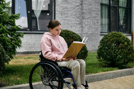 Une jeune femme en sweat à capuche rose est assise dans un fauteuil roulant à l'extérieur, lisant un livre.