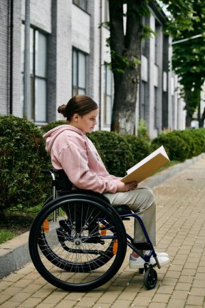 Una joven en una sudadera con capucha rosa se sienta en una silla de ruedas leyendo un libro en un camino de ladrillo fuera de un edificio.