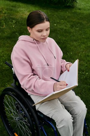 Una joven en una sudadera rosa se sienta en una silla de ruedas en un césped cubierto de hierba mientras escribe en un cuaderno.
