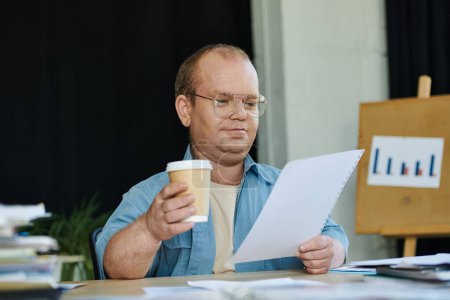 Ein inklusiver Mann sitzt an einem Schreibtisch und überprüft Dokumente, während er eine Tasse Kaffee in der Hand hält.