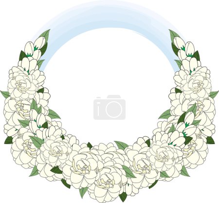 Ilustración de Illustration of white jasmine flower with leaves on blue circle background. - Imagen libre de derechos