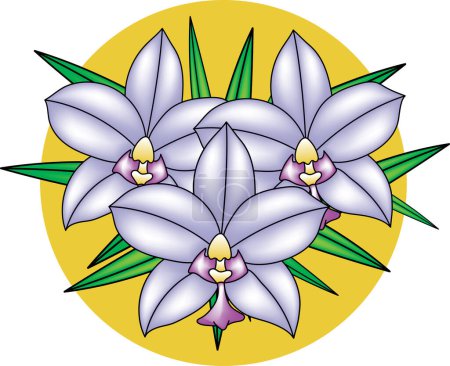 Téléchargez les illustrations : Illustration of orchid flower bouquet with leaves on yellow circle background. - en licence libre de droit