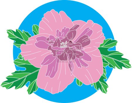 Téléchargez les illustrations : Illustration de rose rose fleur de rose avec des feuilles sur fond de cercle bleu. - en licence libre de droit