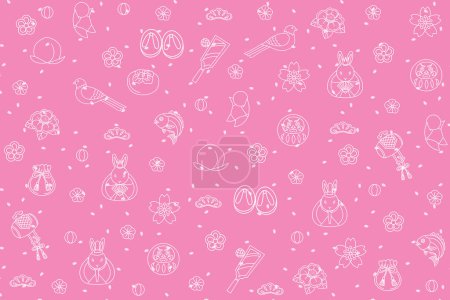 Illustration abstract white line of Japan childrent's toys with sakura petal on pink background.