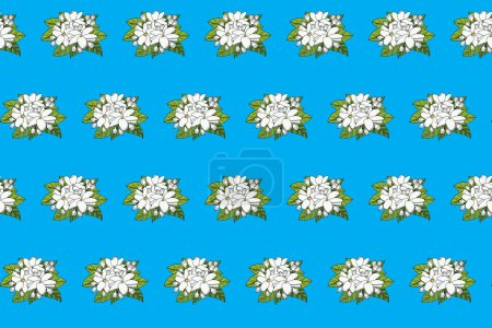 Ilustración de Patrón abstracto de flor de jazmín blanco con hojas sobre fondo azul. - Imagen libre de derechos