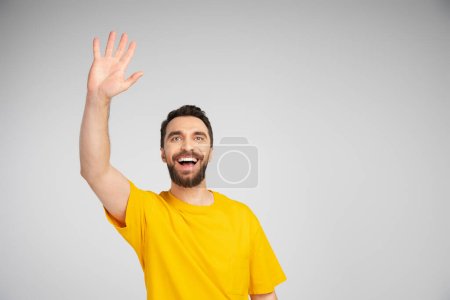 hombre barbudo alegre en camiseta amarilla agitando la mano y mirando hacia otro lado aislado en gris