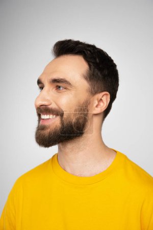 portrait of brunette man with beard looking away and smiling isolated on grey