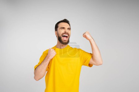 Photo for Excited bearded man screaming and showing win gesture isolated on grey - Royalty Free Image
