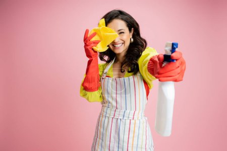 cheerful and stylish housewife obscuring face with rag and spraying from bottle at camera while having fun isolated on pink