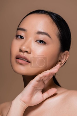 Foto de Portrait of young asian woman touching face isolated on brown - Imagen libre de derechos