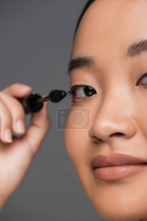 close up view of cropped asian woman applying black mascara with eyelash brush isolated on grey