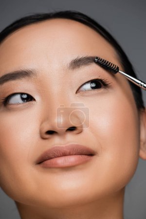 Téléchargez les photos : Close up portrait of pretty asian woman brushing eyebrow isolated on grey - en image libre de droit