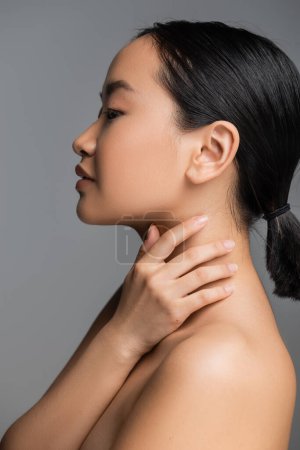 Photo for Profile of young asian woman with perfect skin touching neck isolated on grey - Royalty Free Image