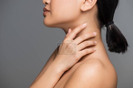 Photo for Side view of young woman with clean skin and ponytail hairstyle touching neck isolated on grey - Royalty Free Image