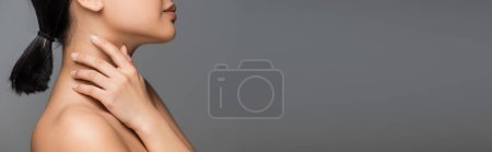 Téléchargez les photos : Side view of young woman with perfect skin touching neck isolated on grey, banner - en image libre de droit