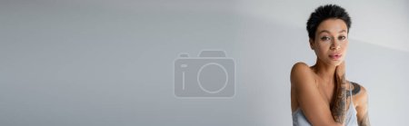 Téléchargez les photos : Brunette tattooed woman in bra looking at camera while touching neck on grey background, banner - en image libre de droit