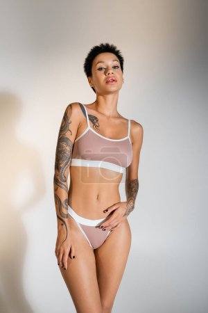 Téléchargez les photos : Slender tattooed woman in bra and panties looking at camera on grey background - en image libre de droit