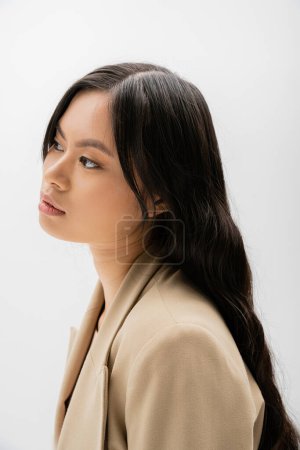 Téléchargez les photos : Portrait de brunette asiatique femme aux cheveux longs et maquillage naturel regardant loin isolé sur gris - en image libre de droit