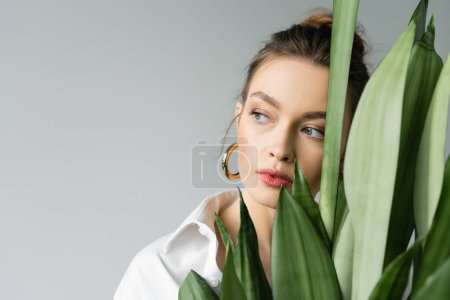 portrait of young woman with natural makeup looking away near leaves of exotic plant isolated on grey