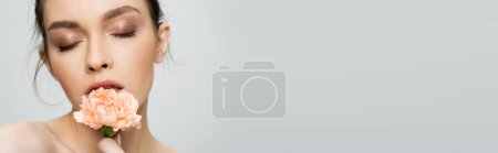 Photo for Portrait of sensual woman with closed eyes holding peach carnation near face isolated on grey, banner - Royalty Free Image
