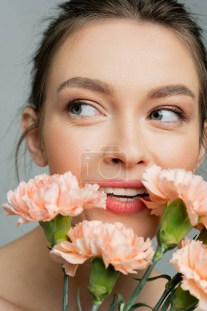 Photo for Portrait of smiling woman with natural visage looking away near fresh carnations isolated on grey - Royalty Free Image