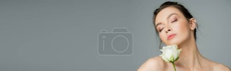Photo for Sensual woman with bare shoulders and perfect skin posing with closed eyes near fresh rose isolated on grey, banner - Royalty Free Image