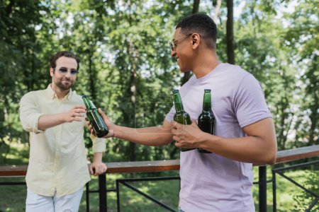 Photo pour Homme afro-américain insouciant donnant bouteille de bière à un ami dans le parc de la ville - image libre de droit
