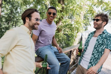Foto de Sonrientes hombres interracial en gafas de sol sosteniendo botellas de cerveza en el parque en verano - Imagen libre de derechos