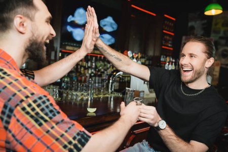 Photo for Positive bearded friends giving high five and clinking tequila in bar - Royalty Free Image