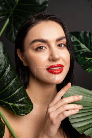 alluring young woman with brunette hair and red lips posing around tropical and exotic green palm leaves with raindrops on them isolated on grey background 