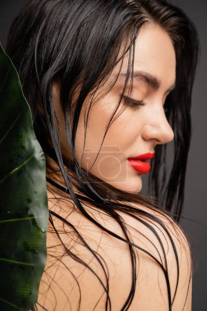 Photo for Side view of alluring young woman with brunette and wet hair, red lips and perfect skin posing next to blurred tropical green palm leaf isolated on grey background - Royalty Free Image