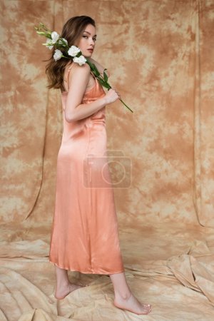 in voller Länge barfuß und brünett und junge Frau in rosa Seidenkleid mit weißen Blumen auf fleckigem beigem Hintergrund, Sinnlichkeit, Eleganz, Raffinesse 