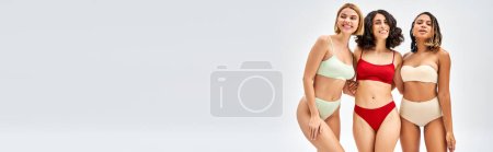 Téléchargez les photos : Femmes multiethniques positives dans une lingerie colorée à la mode étreignant et posant tout en restant ensemble isolé sur gris, différents types de corps et concept d'acceptation de soi, modèles multiculturels, bannière - en image libre de droit
