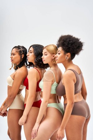 Téléchargez les photos : Vue latérale de femmes multiethniques en lingerie colorée et moderne regardant ailleurs tout en se tenant ensemble isolé sur gris, différents types de corps et concept d'acceptation de soi, modèles multiculturels - en image libre de droit
