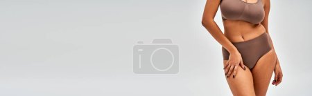 Vista recortada de la mujer afroamericana sexy en sujetador marrón y bragas tocando la cadera mientras está de pie aislado en gris, auto-aceptación y el cuerpo concepto positivo, pancarta con espacio para copiar