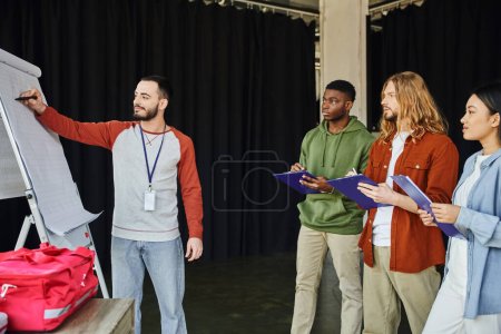 Photo for Diverse group of young multicultural participants with clipboards looking at bearded paramedic drawing with felt pen on flip chart during first aid seminar, safety and emergency preparedness concept - Royalty Free Image