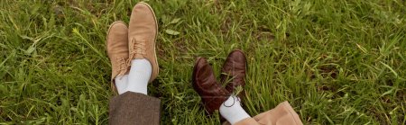 Vue du dessus des jambes du couple romantique en pantalon et chaussures vintage assis ensemble sur la prairie herbeuse verte, partenaires élégants dans l'évasion rurale, escapade romantique, bannière