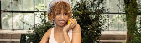 Gefallen junge afrikanisch-amerikanische Frau mit Hosenträgern mit Kopftuch und Sommerkleid und hält frische Zitrone und steht in verschwommener Orangerie, stilvolle Dame, die Mode und Natur verbindet, Banner 