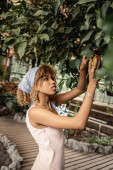 Young and trendy african american woman in headscarf and summer dress taking fresh lemon from tree while spending time in blurred orangery, stylish woman with tropical plants at backdrop magic mug #663912138