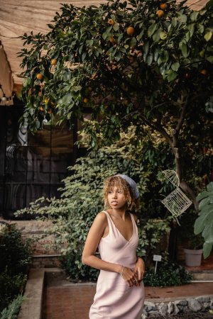 Foto de Mujer afroamericana segura en pañuelo para la cabeza y vestido de verano mirando hacia otro lado mientras pasa tiempo cerca de limonero y plantas en naranjería, mujer en traje de verano posando cerca de plantas tropicales exuberantes - Imagen libre de derechos