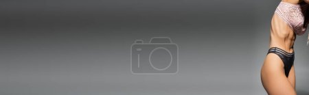 vista parcial del modelo femenino sexy en lencería de encaje posando sobre fondo gris, aspecto elegante, bragas y sujetador, cuerpo delgado, figura delgada, mujer bien formada, pancarta con espacio para copiar
