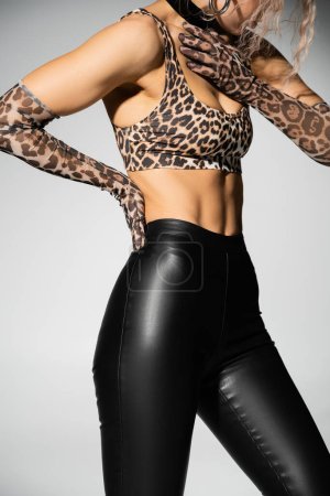 Photo for Sexuality and style, cropped view of slender woman in black latex pants, animal print crop top and long gloves posing with hand on waist on grey background, modern fashion trend - Royalty Free Image