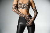 partial view of stunning and trendy female model in leopard print crop top, long gloves and black latex pants standing on grey background, slender body, stylish look, sexy fashion photography Longsleeve T-shirt #663915520