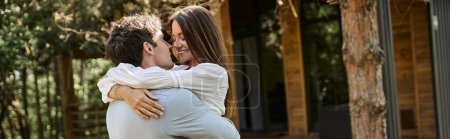 banner, man hugging happy woman in white sundress, vacation house near forest, romance and love