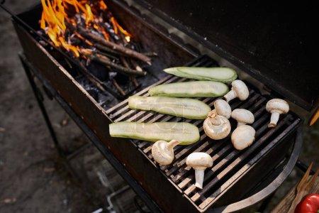 Vista de alto ángulo de las verduras cocinando en la barbacoa durante el picnic al aire libre, comida sabrosa y nutrición