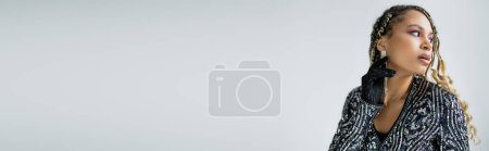 Photo for Banner, fashion and accessories, african american woman looking away on grey background, portrait - Royalty Free Image